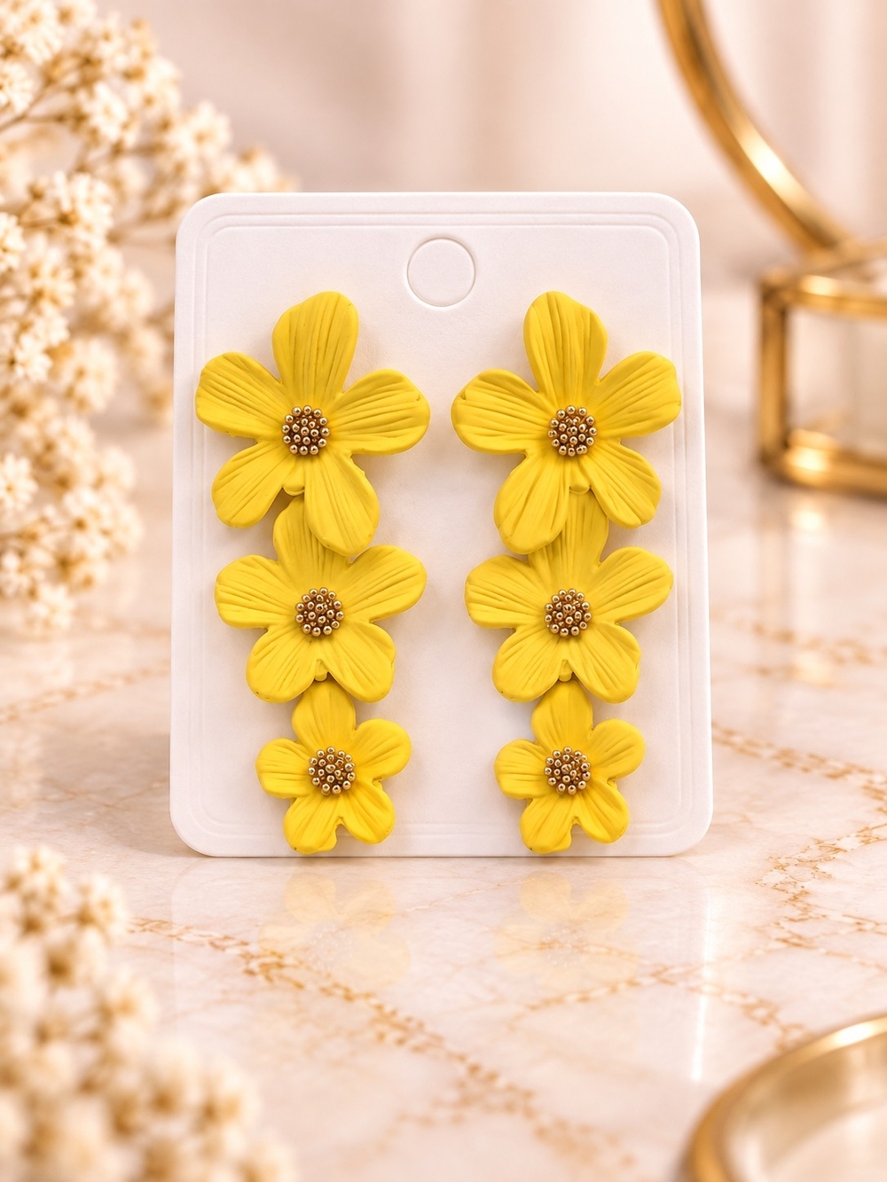 Yellow Flower Dangle Earrings - Lightweight Floral Statement